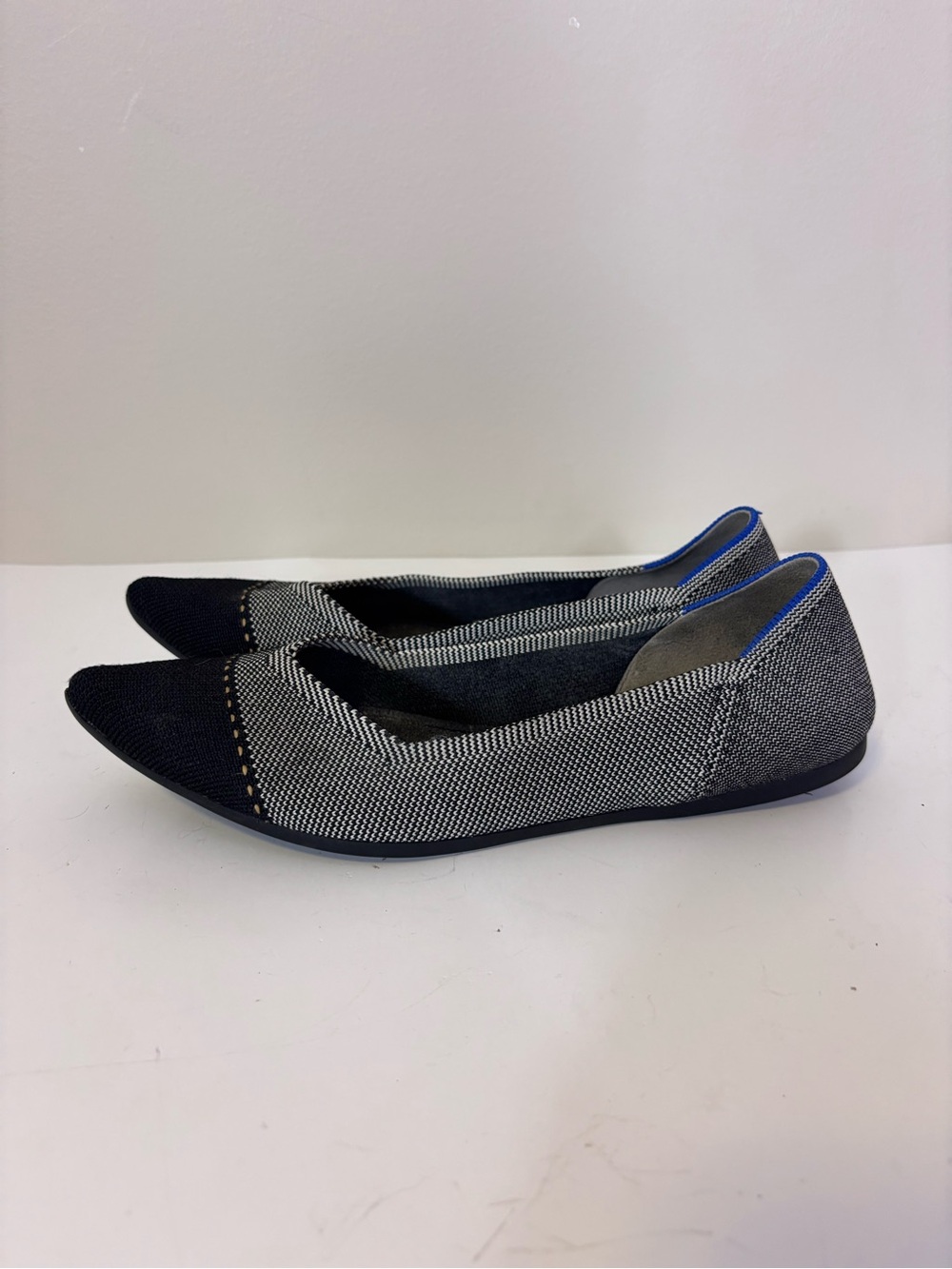 Rothy's Black & White Patterned Pointed-Toe Knit Flats with Blue Trim 9